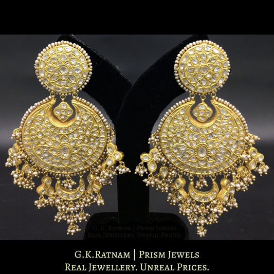 23k Gold and Diamond Polki Chand Bali Earring Pair with Antiqued Freshwater Pearls