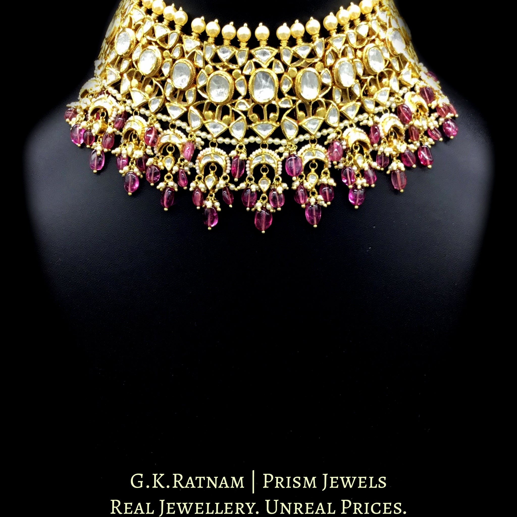 18k Gold and Diamond Polki Choker Necklace Set with inverted uncut crescents strung in Pink Tourmalines