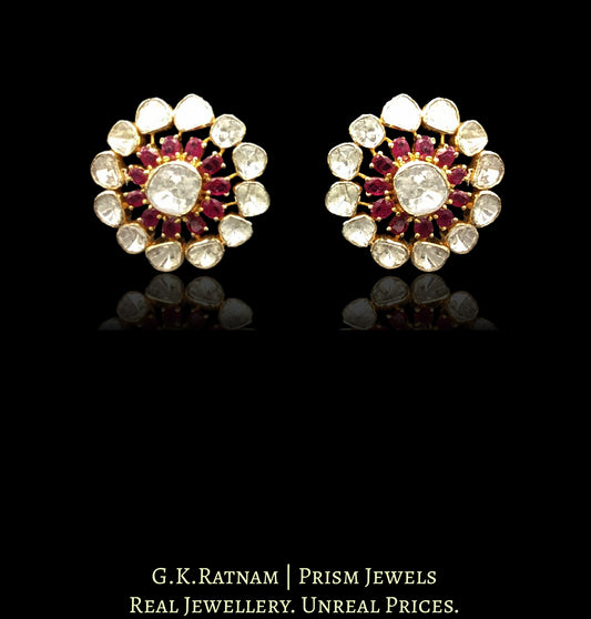 14k Gold and Diamond Polki Open Setting Karanphool Earring Pair with Rubies