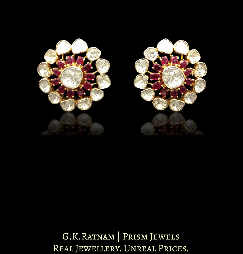 14k Gold and Diamond Polki Open Setting Karanphool Earring Pair with Rubies