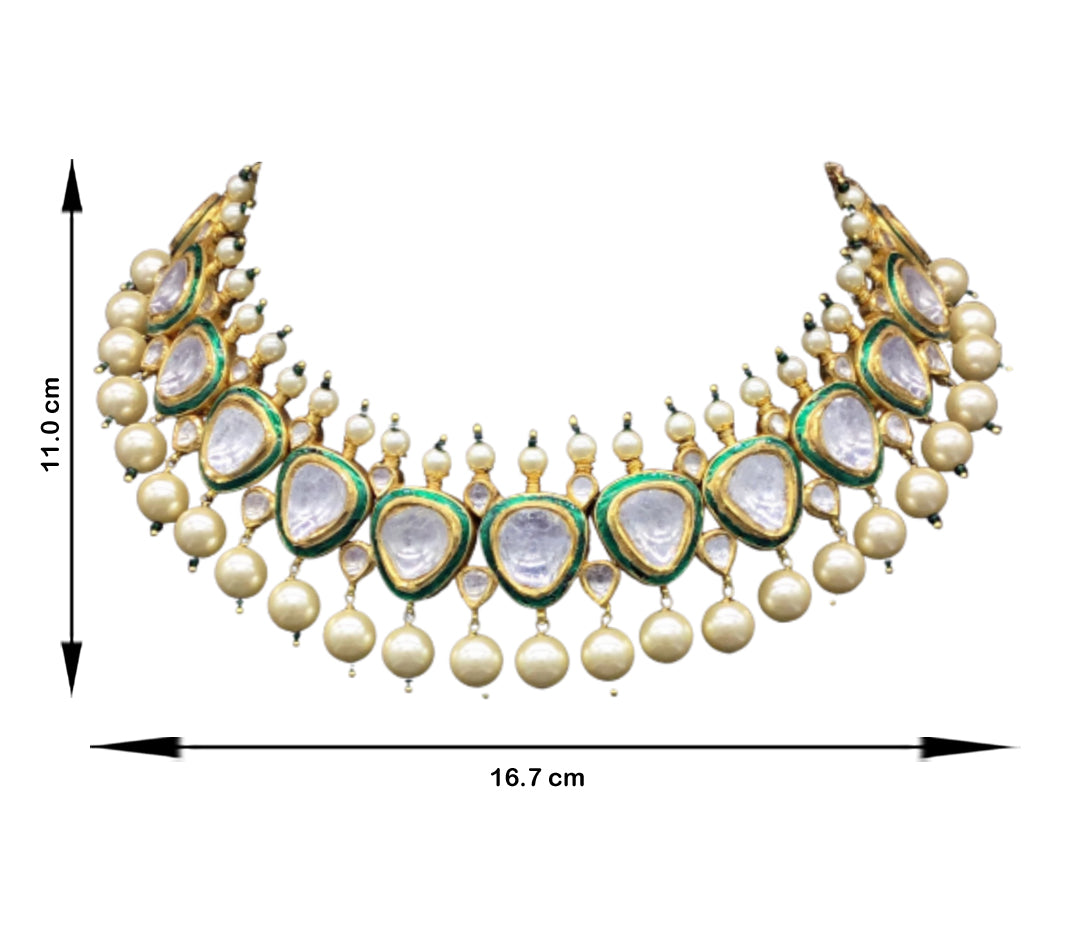 18k Gold and Diamond Polki green-enamel Necklace Set with big uncut diamonds