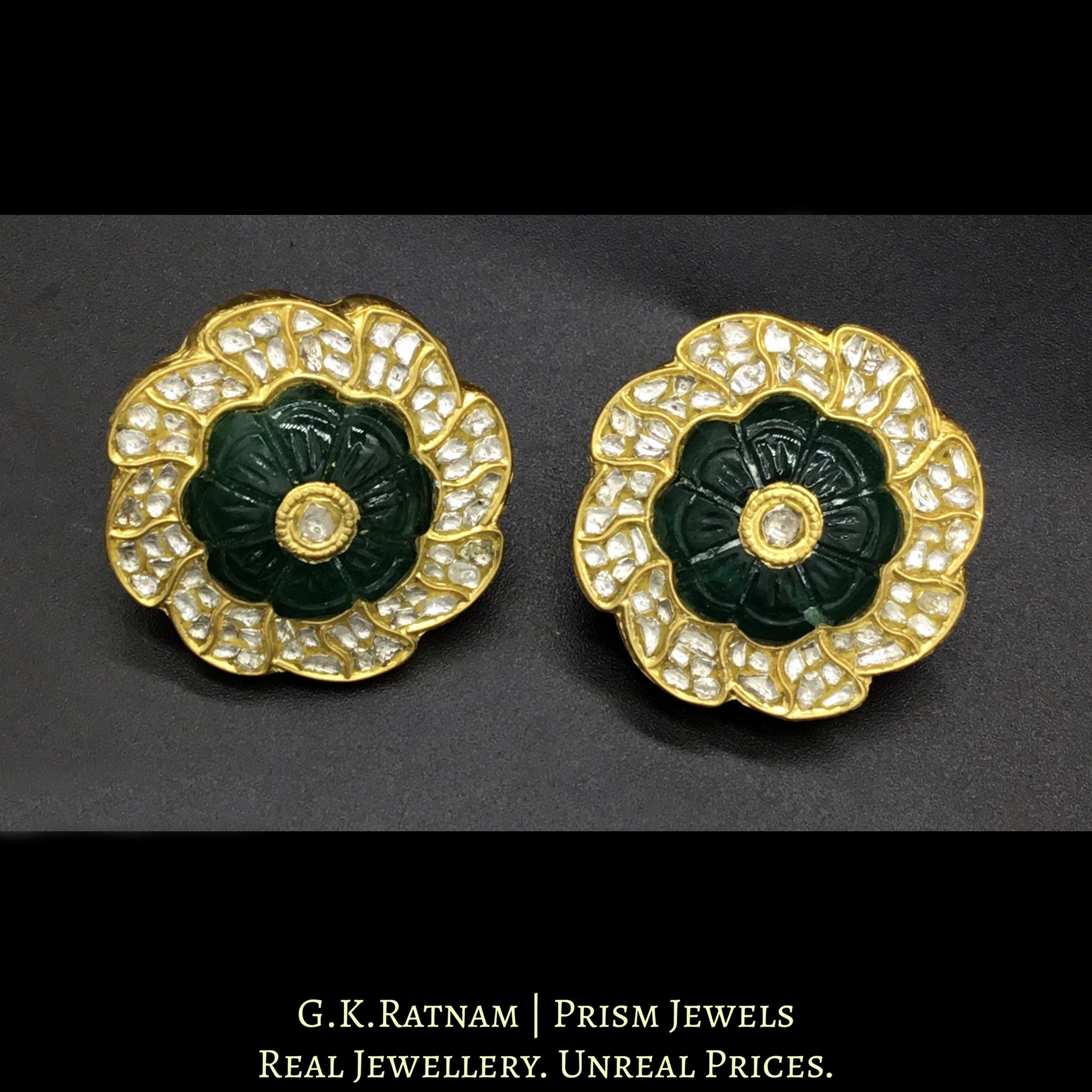 23k Gold and Diamond Polki Karanphool Earring Pair with carved Green Beryls