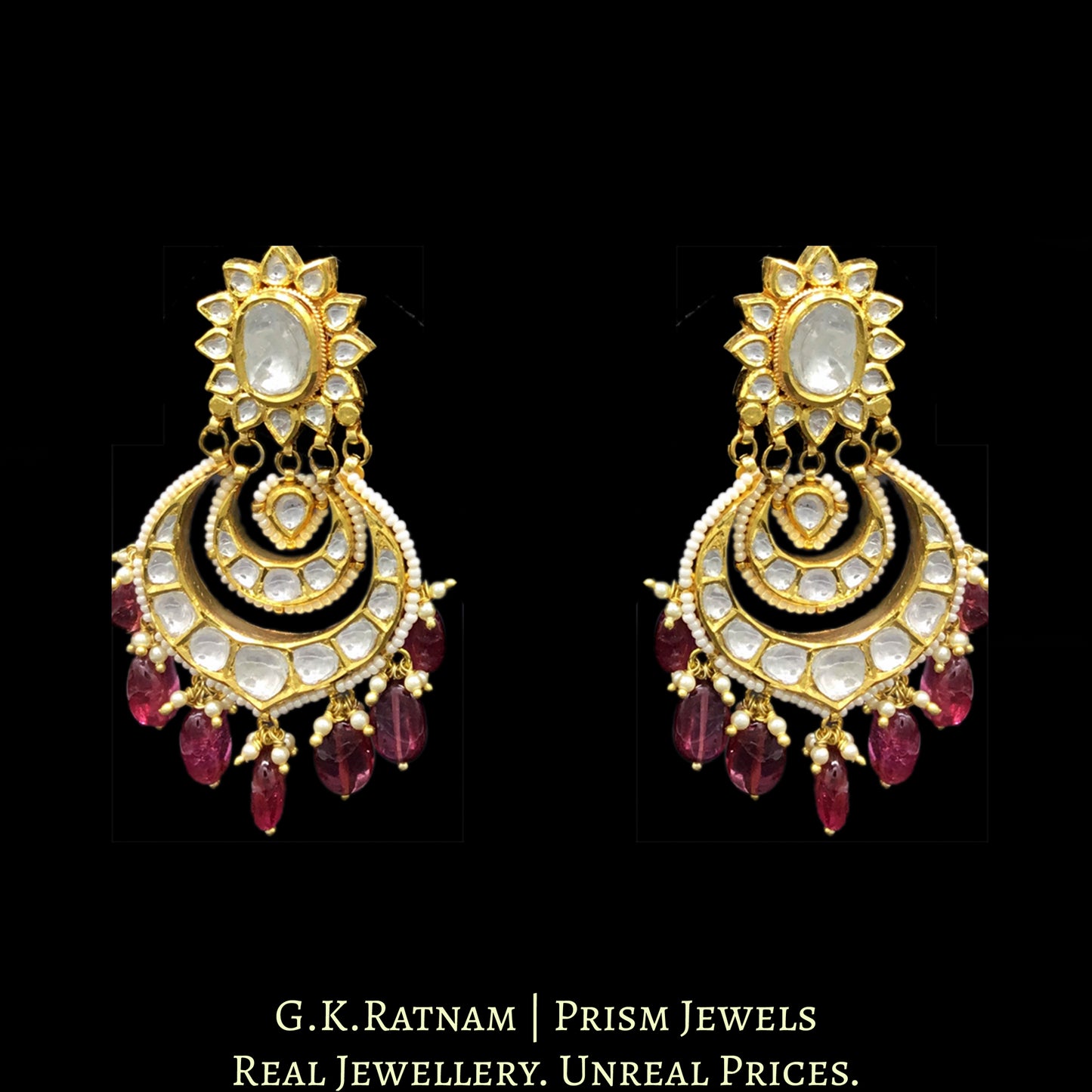18k Gold and Diamond Polki Choker Necklace Set with inverted uncut crescents strung in Pink Tourmalines
