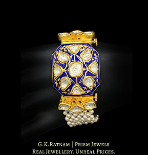 18k Gold and Diamond Polki Bracelet with Blue Meenakari and mat-like pearl stringing