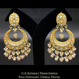 23k Gold and Diamond Polki Chand Bali Earring Pair with basra-grade natural freshwater pearls