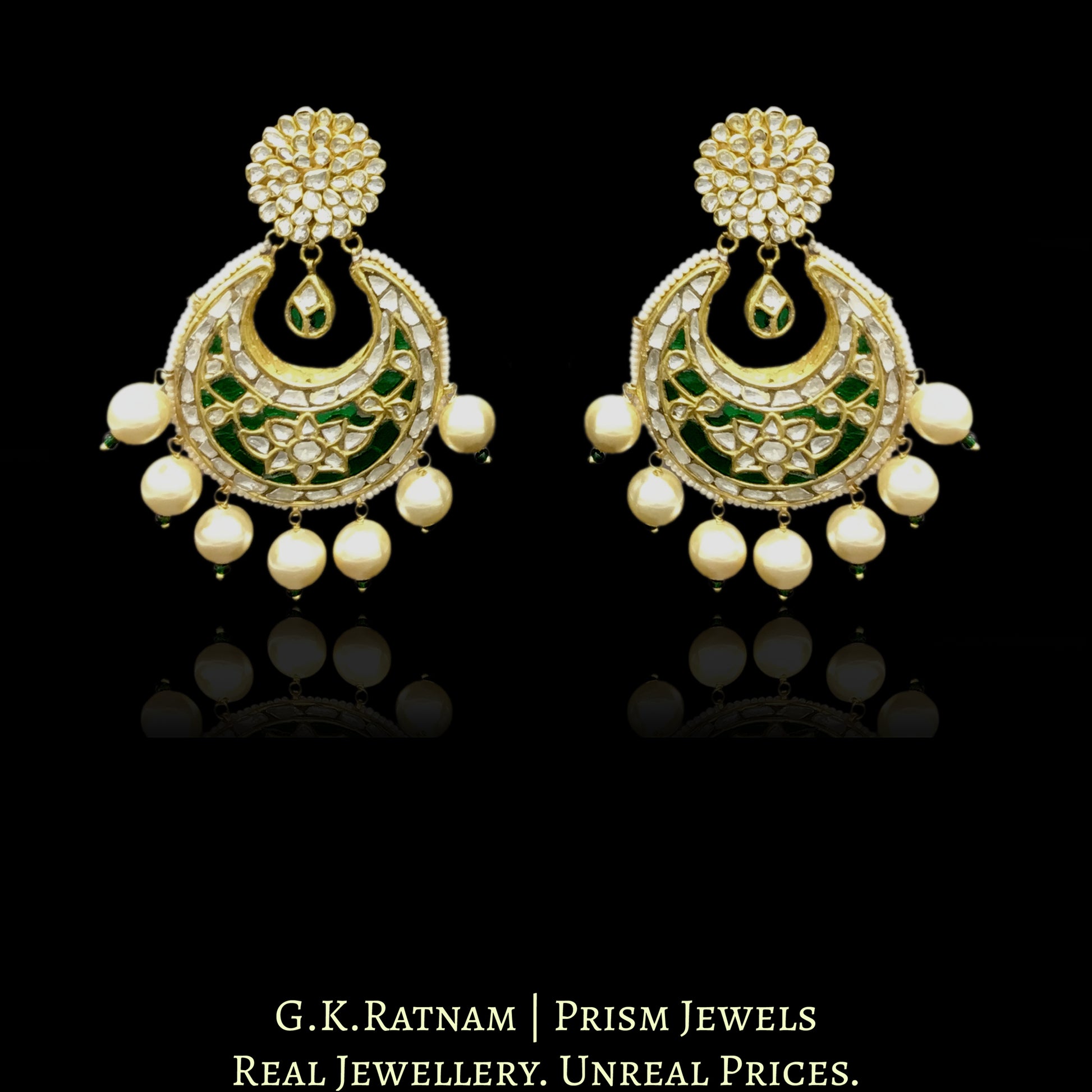 23k Gold and Diamond Polki Chand Bali Earring Pair with emerald-grade green stones - G. K. Ratnam