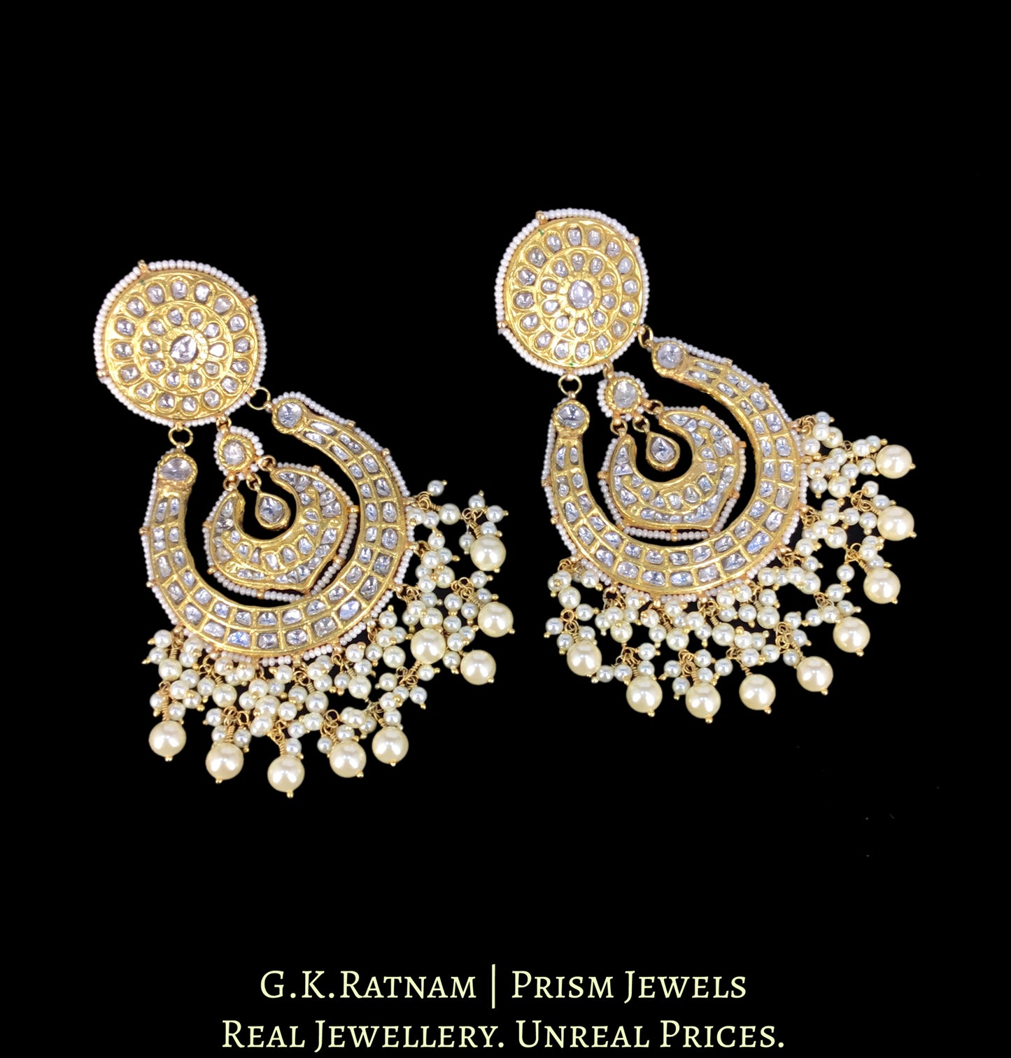 23k Gold and Diamond Polki Chand Bali Earring Pair