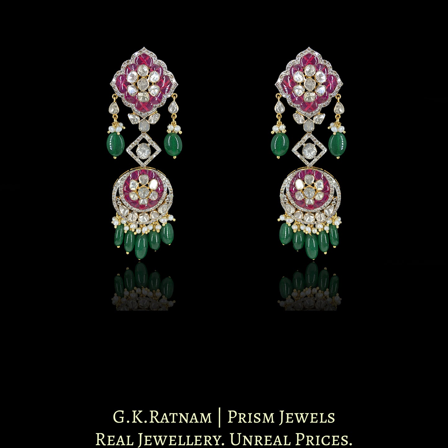14k Gold and Diamond Polki Open Setting Choker Necklace Set with Rubies and emerald-grade Green Beryls
