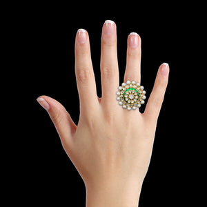 Traditional Gold and Diamond Polki three-dimensional Green Cocktail Ring