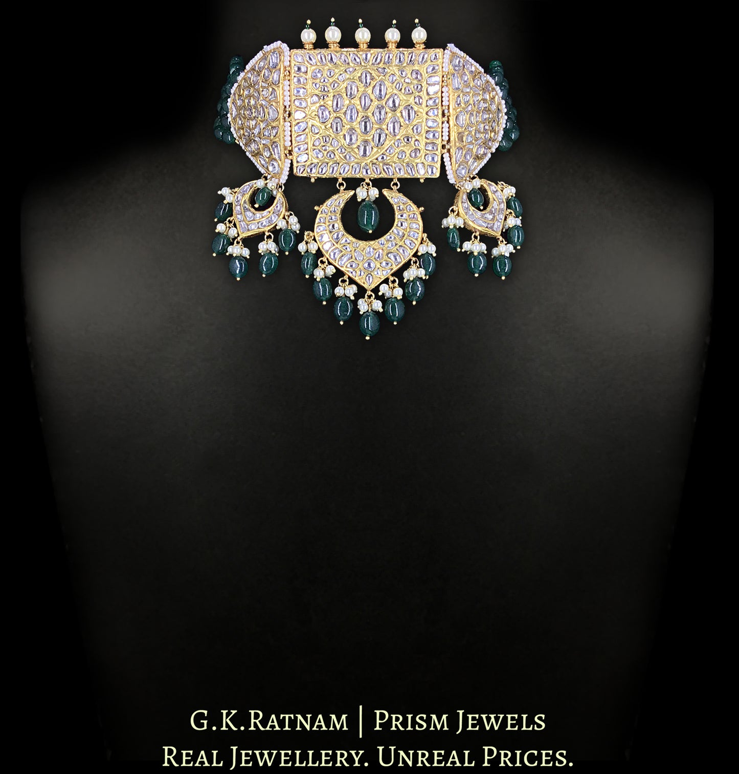 23k Gold and Diamod Polki Choker Necklace with emerald-green Strawberry Quartz