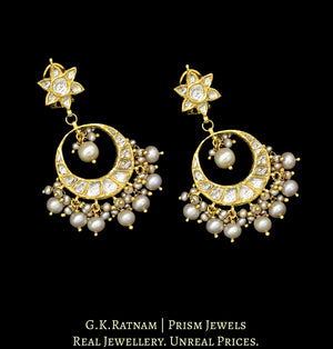 18k Gold and Diamond Polki Chand Bali Earrings with antiqued natural freshwater pearls - G. K. Ratnam