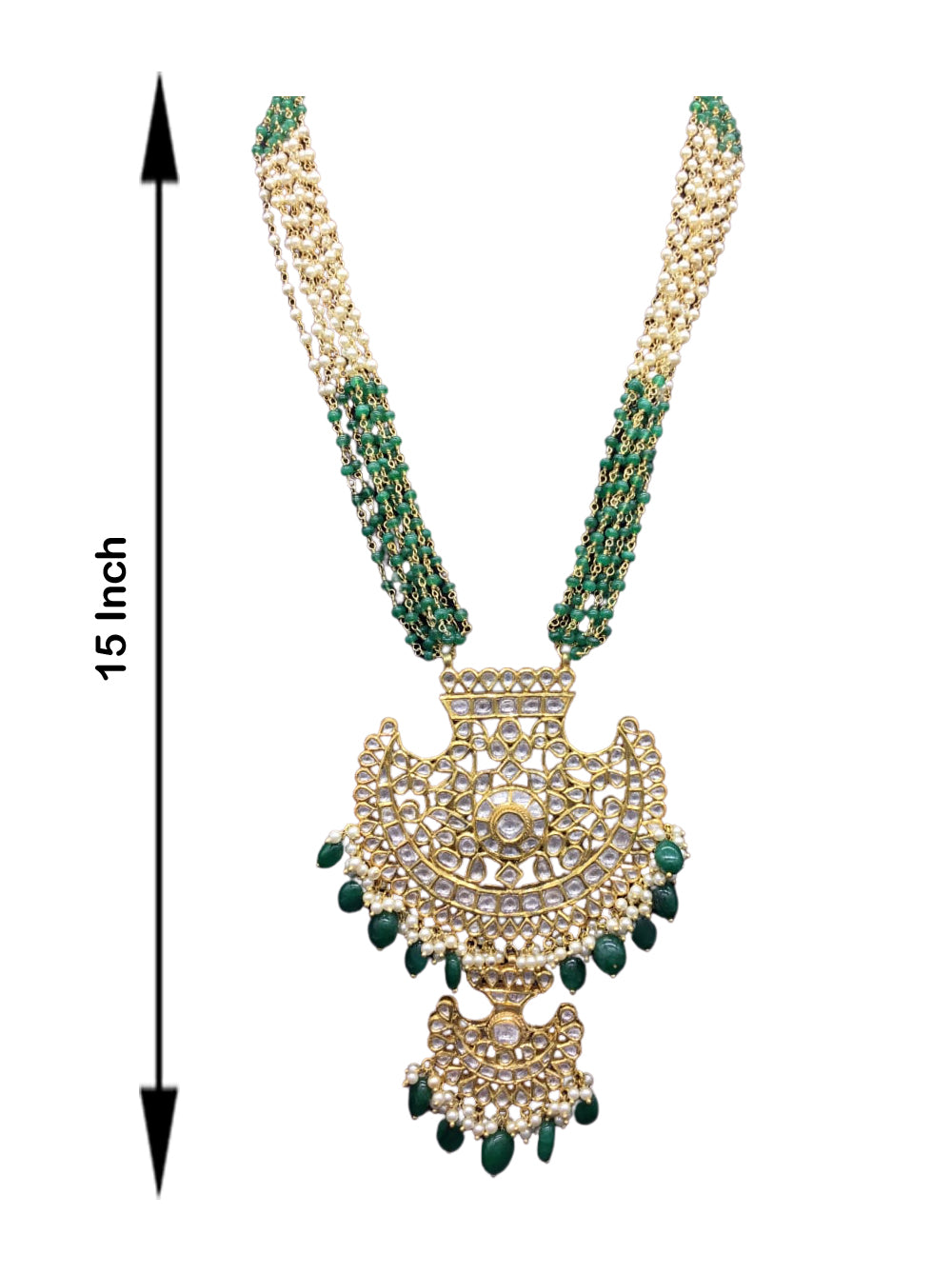 18k Gold and Diamond Polki Pankhi (fan) Pendant Set with beryl and pearl chains