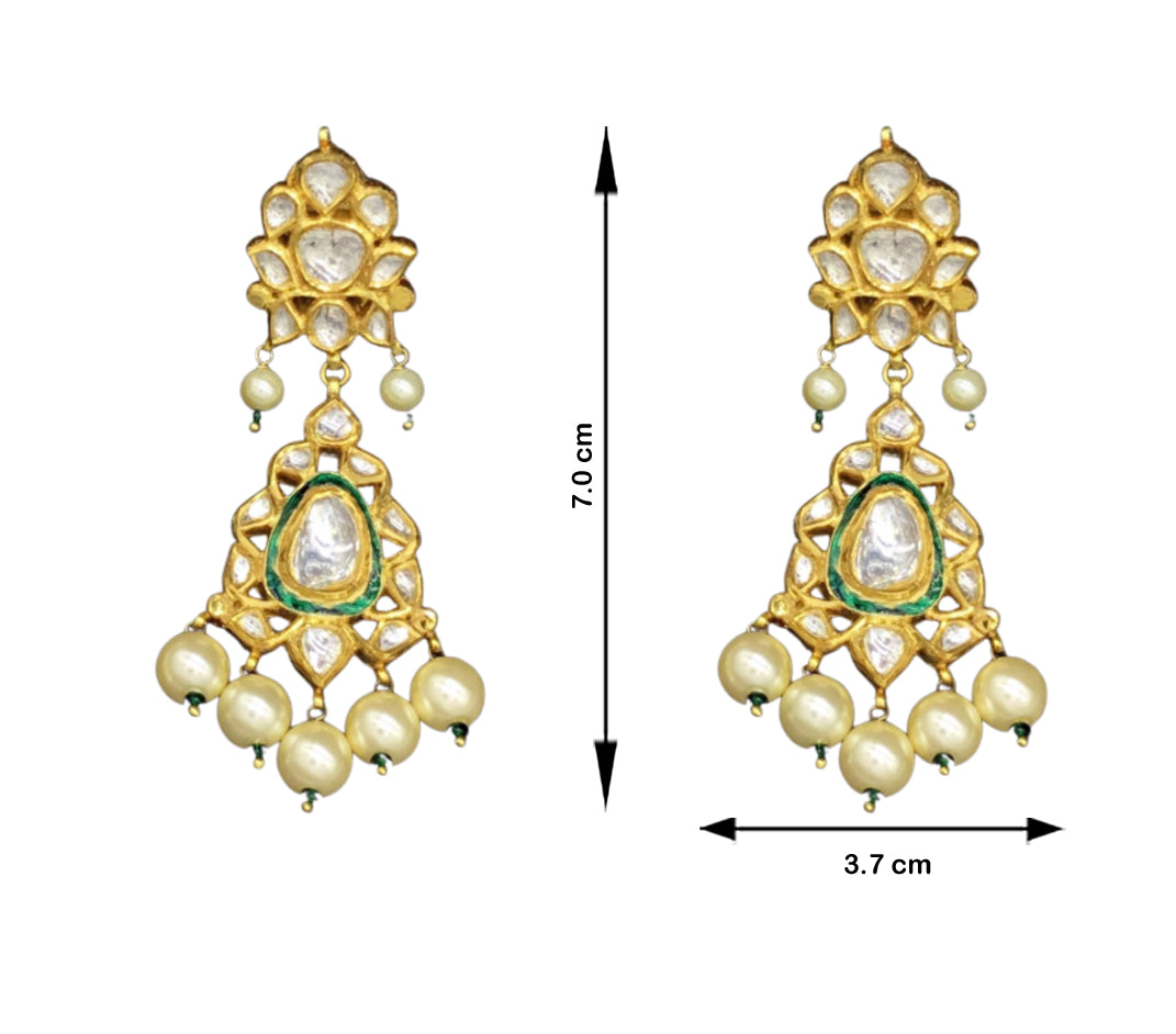 18k Gold and Diamond Polki green-enamel Necklace Set with big uncut diamonds
