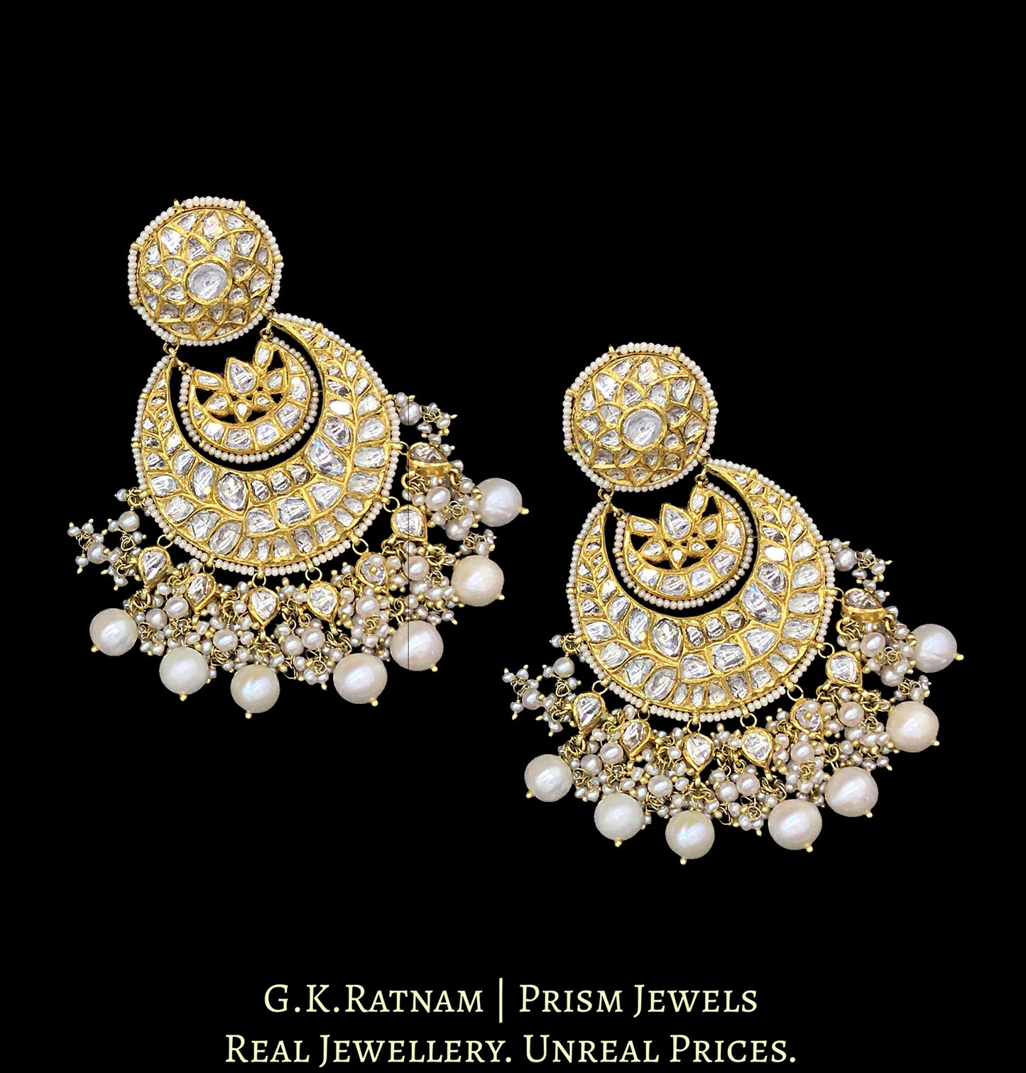 18k Gold and Diamond Polki Chand Bali Earring Pair with uncuts set in beautiful clusters