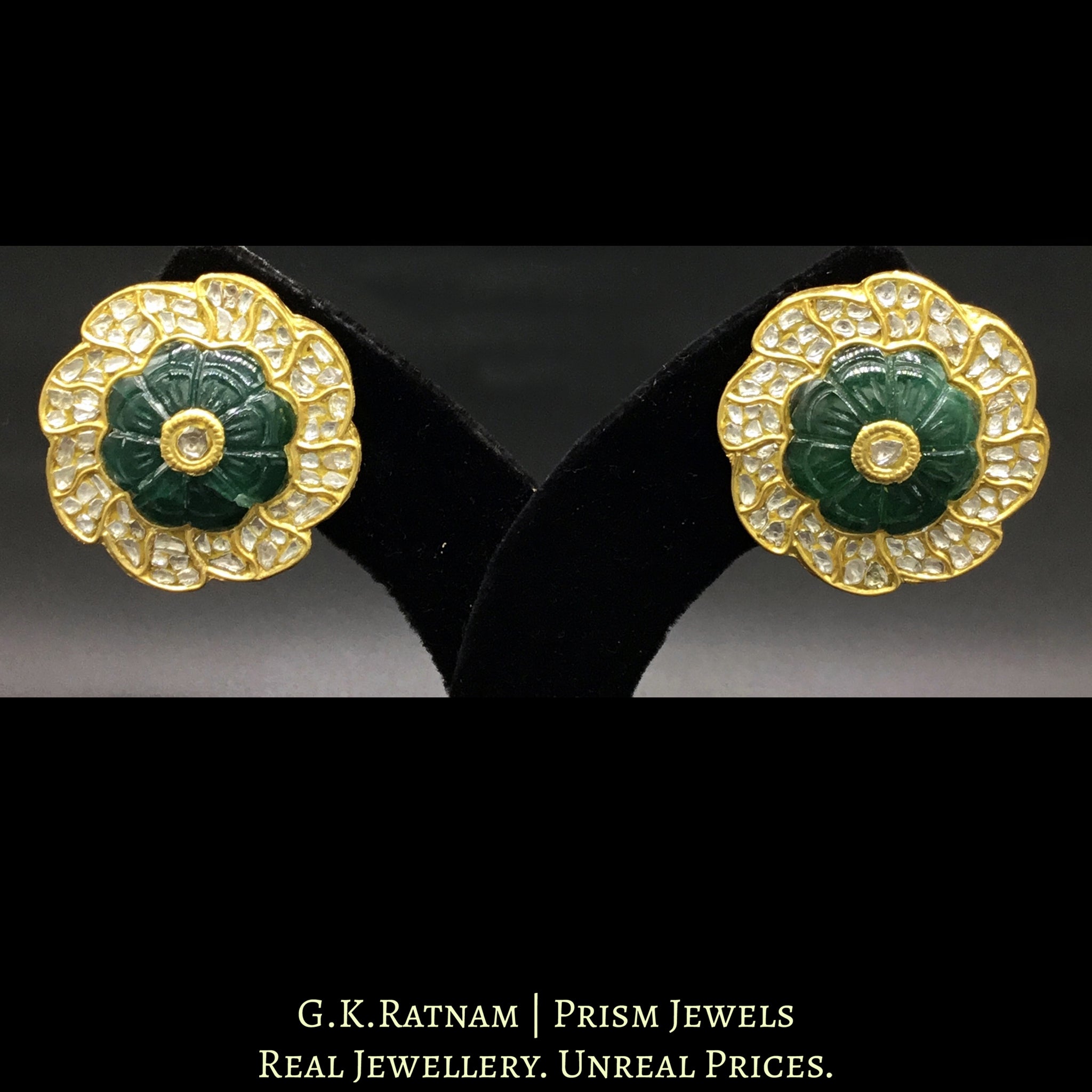 23k Gold and Diamond Polki Karanphool Earring Pair with carved Green Beryls