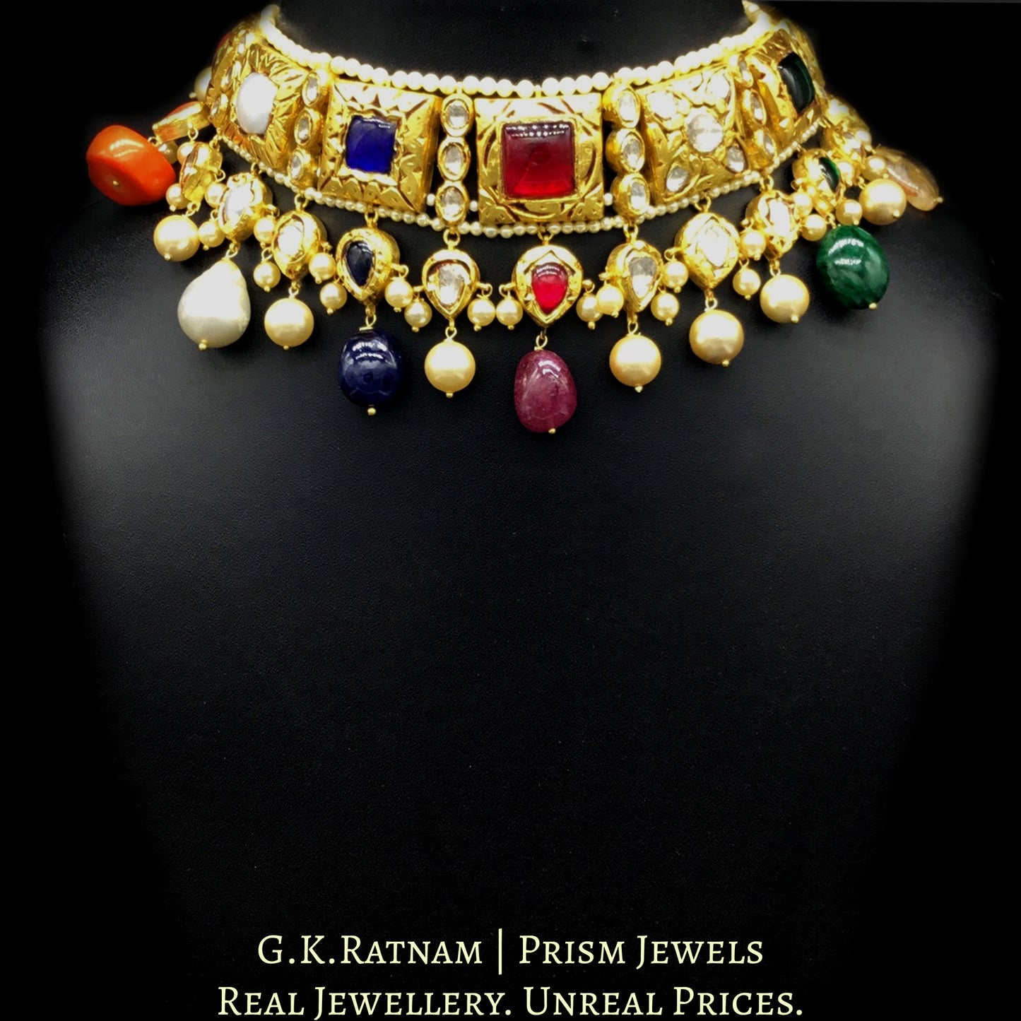 18k Gold and Diamond Polki Antique Navratna Choker Necklace Set - G. K. Ratnam