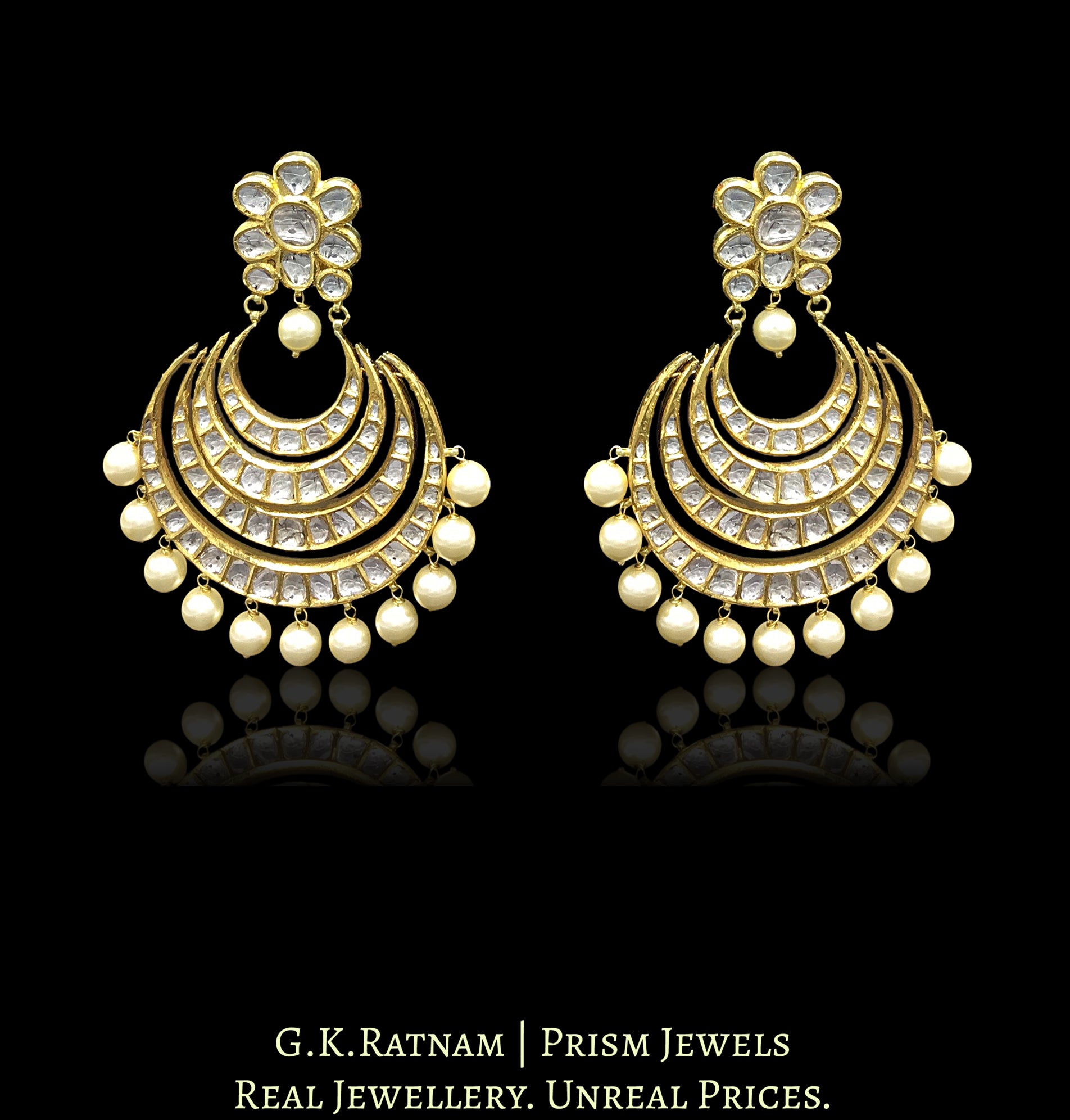 18k Gold and Diamond Polki Chand Bali Earring Pair with multiple chands
