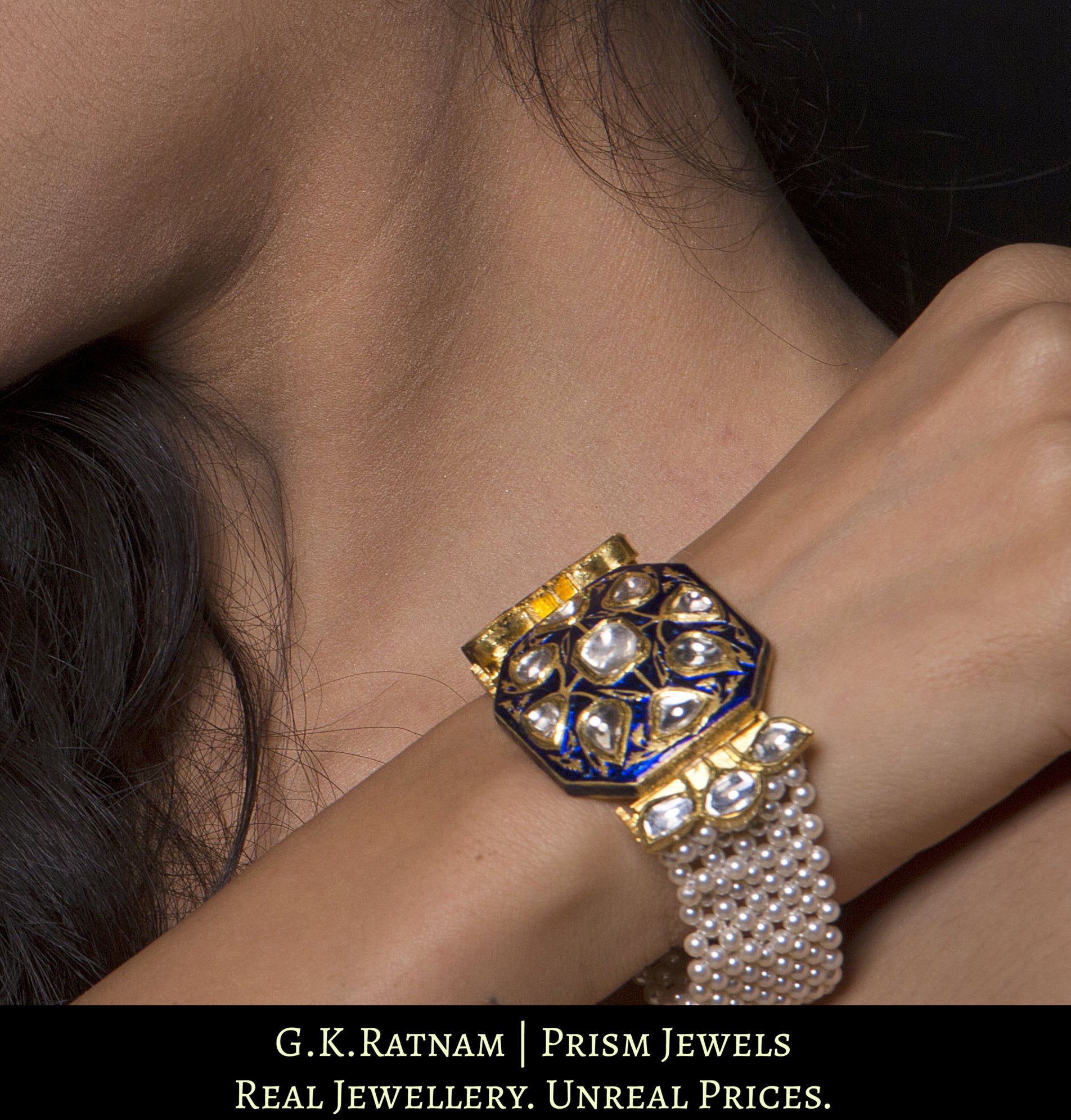 18k Gold and Diamond Polki Bracelet with Blue Meenakari and mat-like pearl stringing