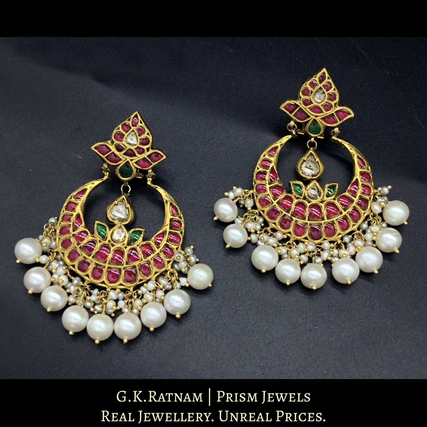 23k Gold and Diamond Polki Chand Bali Earring Pair with Rubies and Emeralds