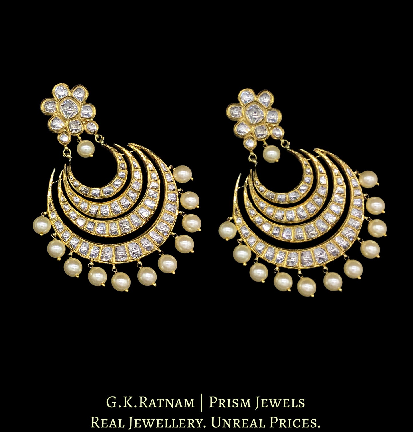 18k Gold and Diamond Polki Chand Bali Earring Pair with multiple chands