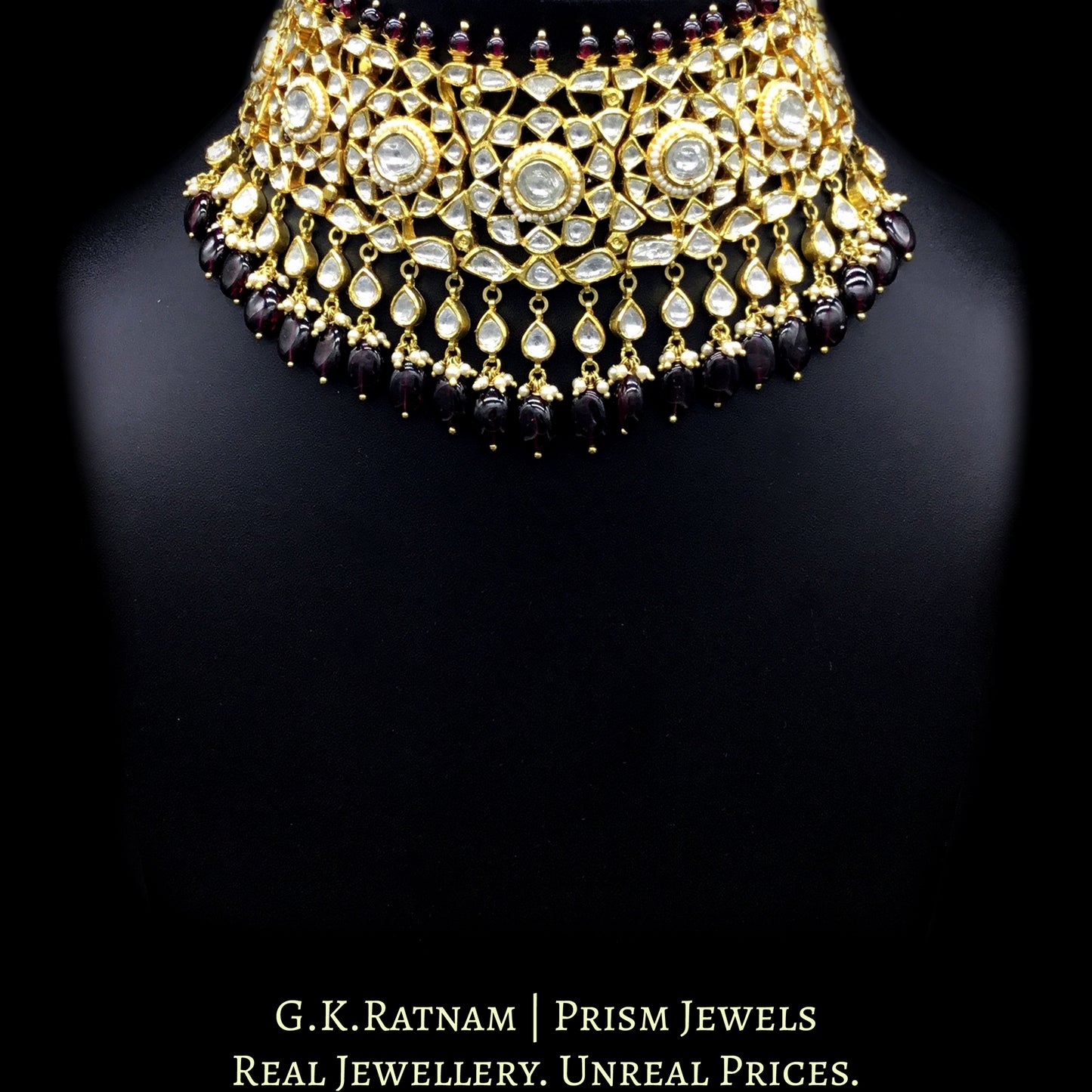 18k Gold and Diamond Polki Choker Necklace Set with Mozambique Garnets