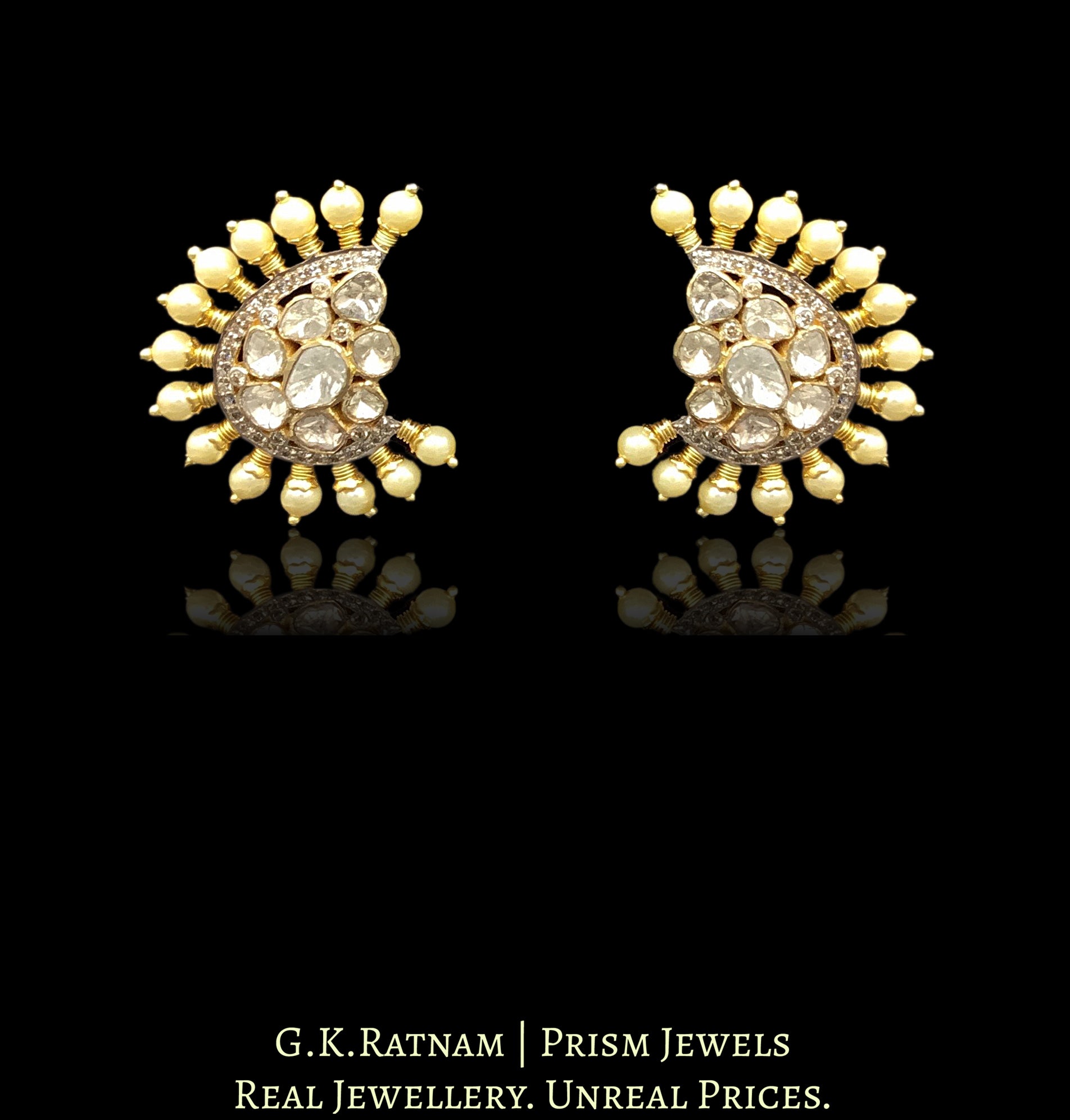 14k Gold and Diamond Polki crescent-shaped Open Setting Karanphool Earring Pair with Pearl Spikes