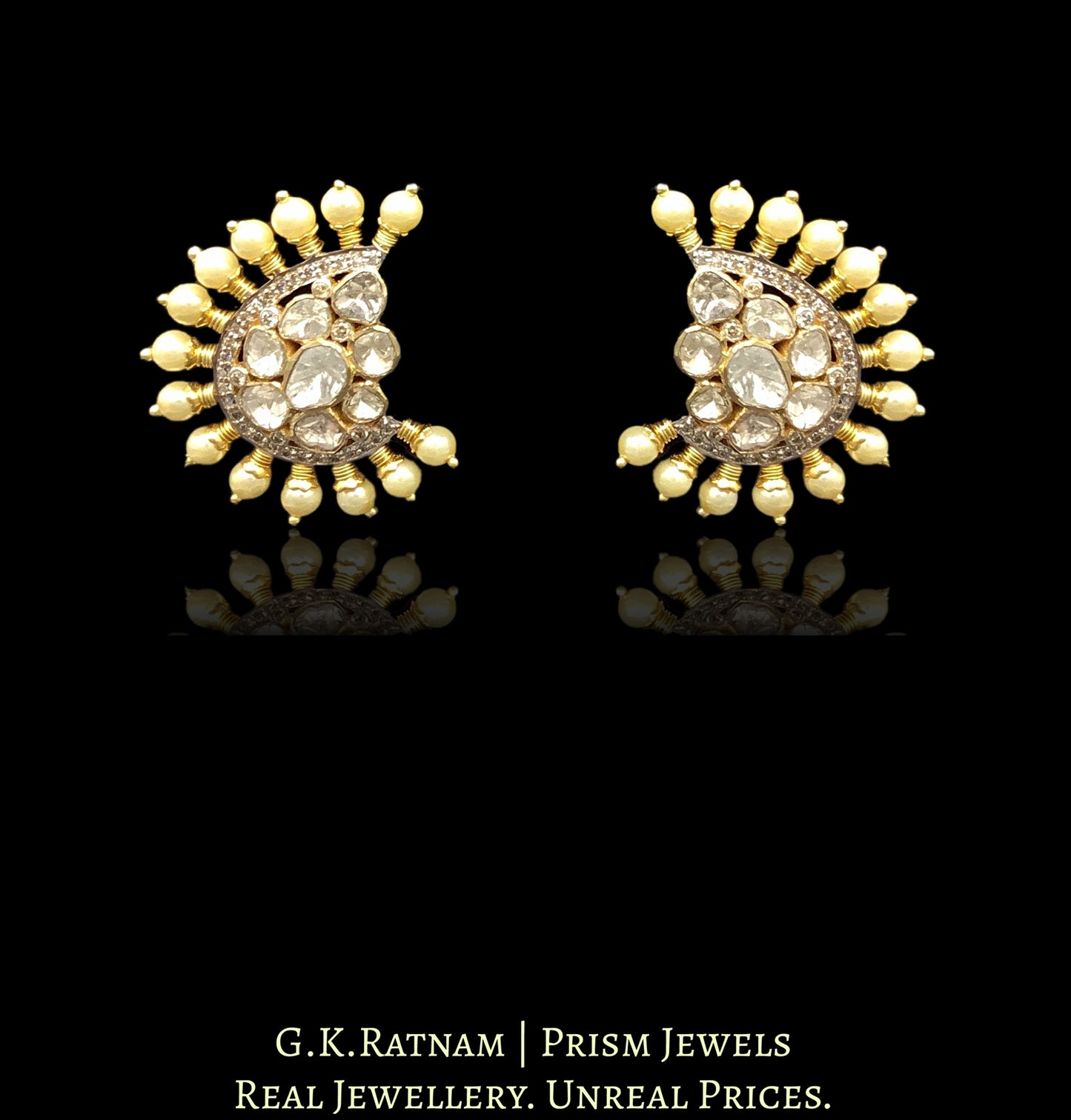 14k Gold and Diamond Polki crescent-shaped Open Setting Karanphool Earring Pair with Pearl Spikes - G. K. Ratnam