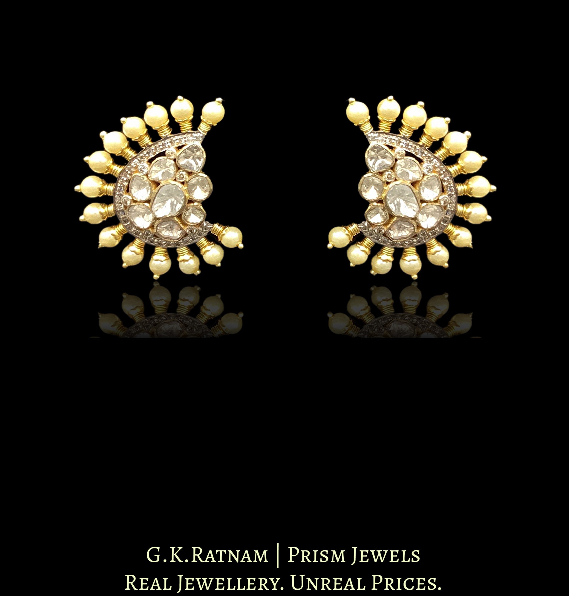 14k Gold and Diamond Polki crescent-shaped Open Setting Karanphool Earring Pair with Pearl Spikes - G. K. Ratnam