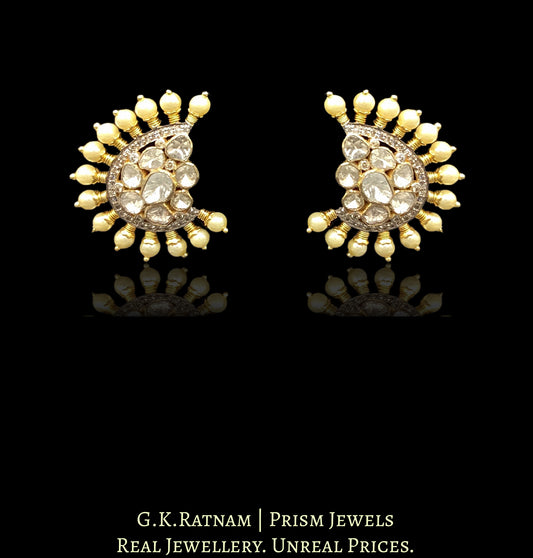14k Gold and Diamond Polki crescent-shaped Open Setting Karanphool Earring Pair with Pearl Spikes