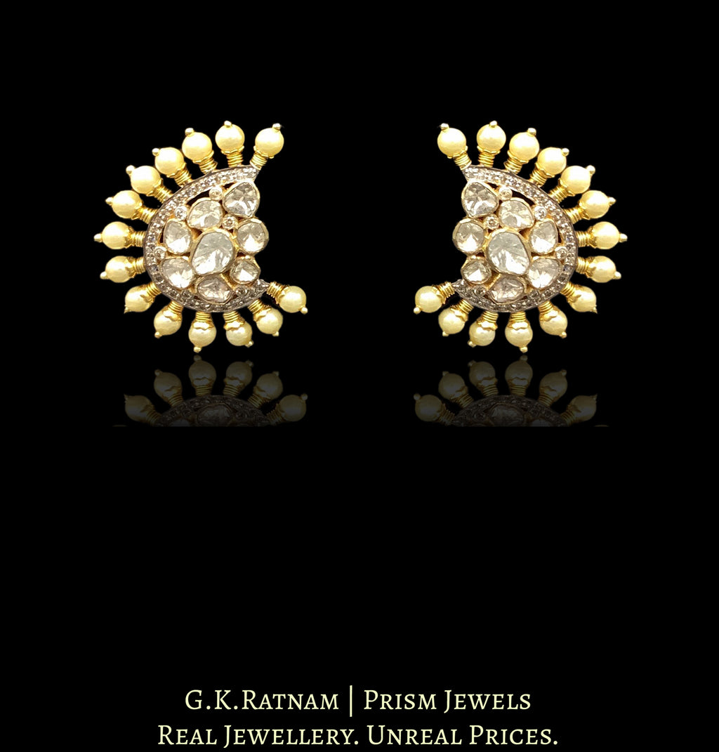 14k Gold and Diamond Polki crescent-shaped Open Setting Karanphool Earring Pair with Pearl Spikes