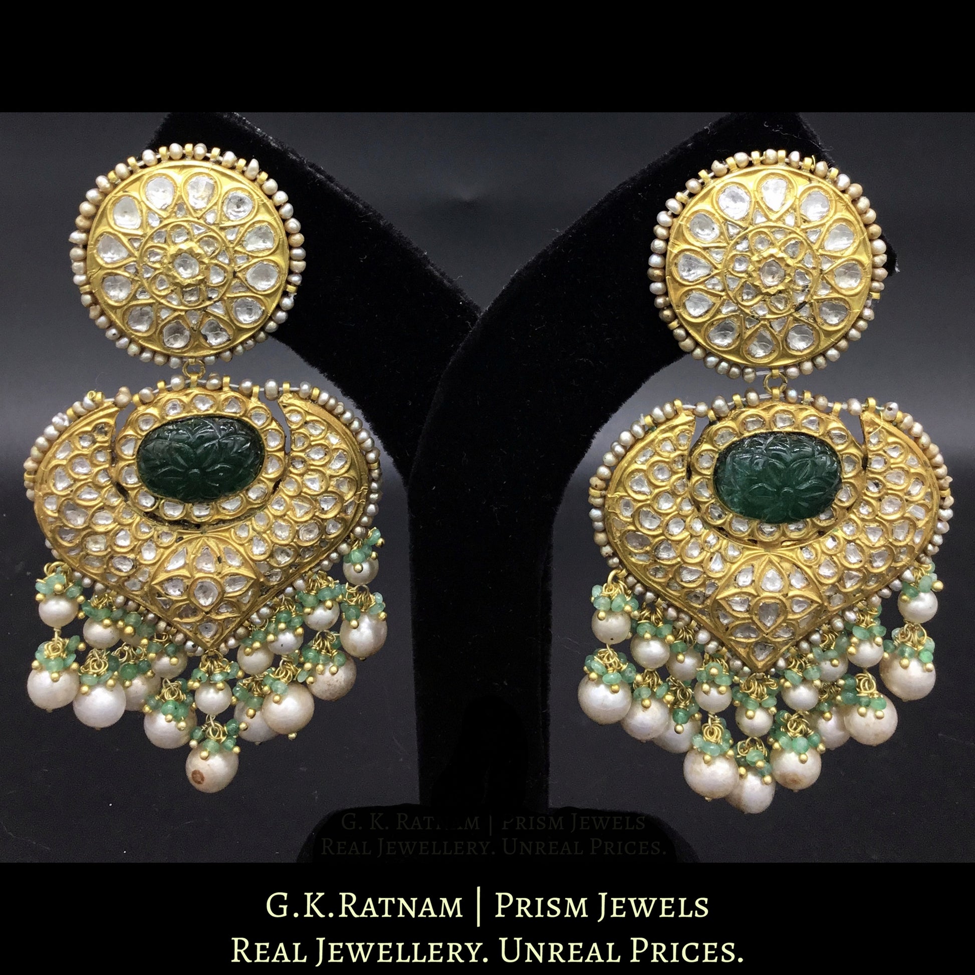 23k Gold and Diamond Polki two-step Earring Pair with Green Beryls and antique Pearls - G. K. Ratnam