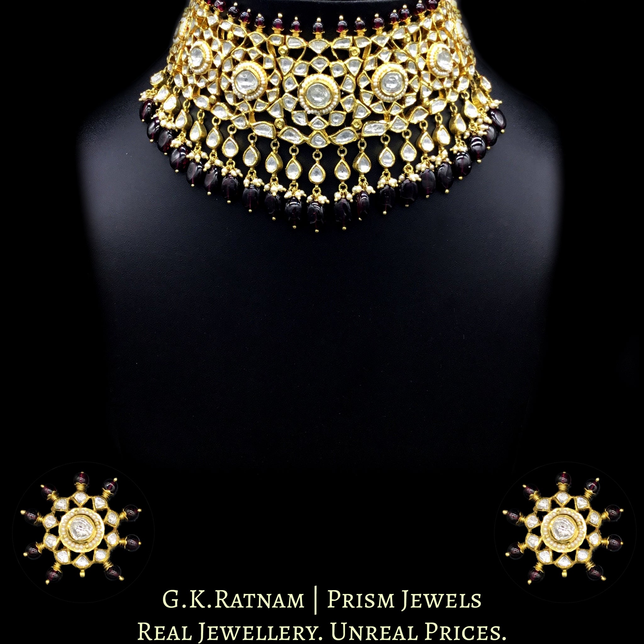 18k Gold and Diamond Polki Choker Necklace Set with Mozambique Garnets