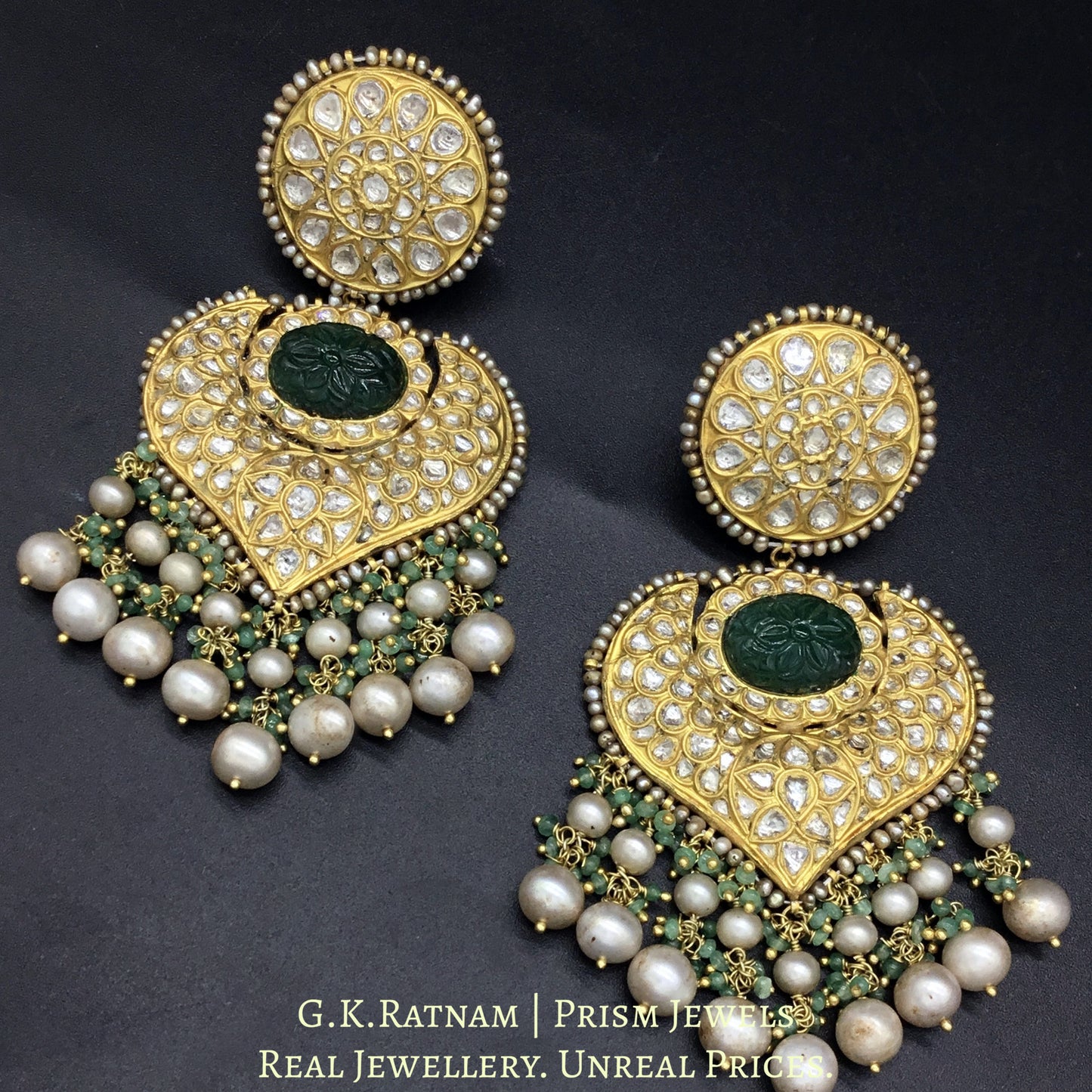 23k Gold and Diamond Polki two-step Earring Pair with Green Beryls and antique Pearls - G. K. Ratnam