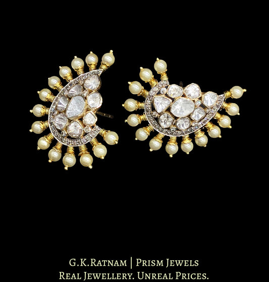 14k Gold and Diamond Polki crescent-shaped Open Setting Karanphool Earring Pair with Pearl Spikes