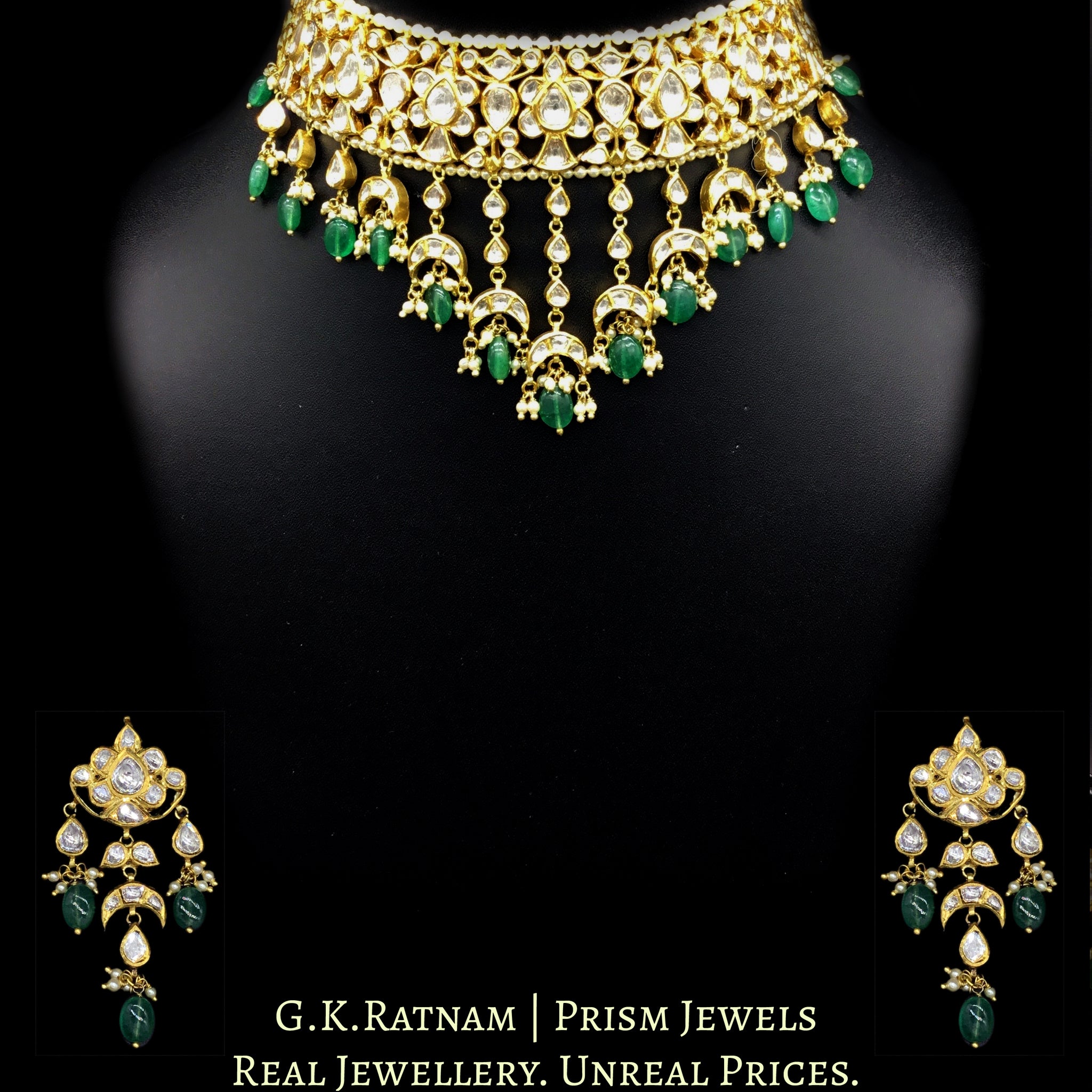 18k Gold and Diamond Polki Choker Necklace Set with cascading uncut pears and lustrous green beryls