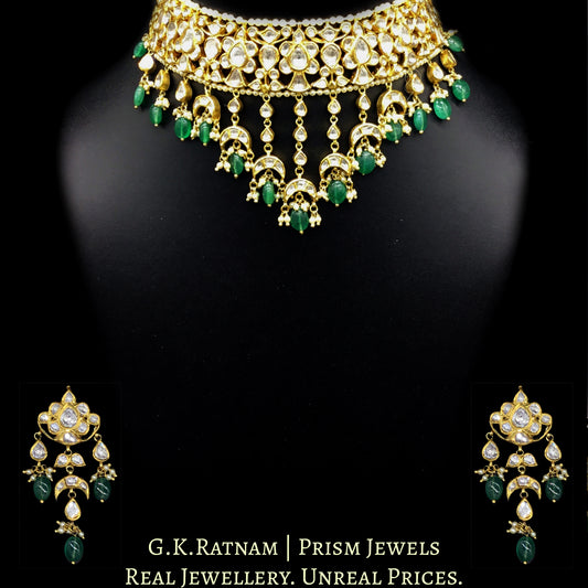 18k Gold and Diamond Polki Choker Necklace Set with cascading uncut pears and lustrous green beryls