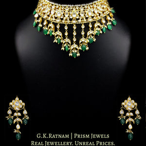 18k Gold and Diamond Polki Choker Necklace Set with cascading uncut pears and lustrous green beryls