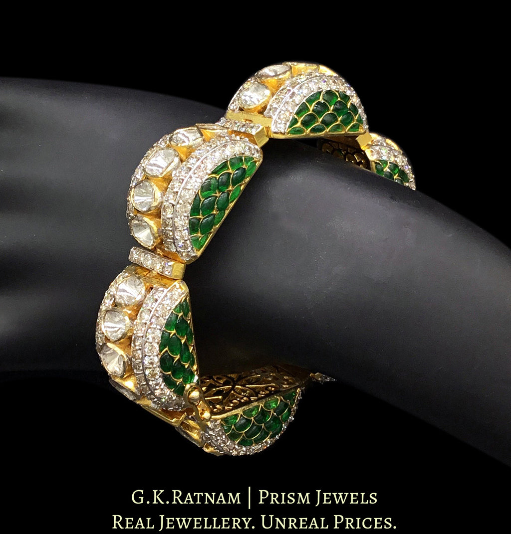 14k Gold and Diamond Polki Open Setting Bangle with Green Beryls