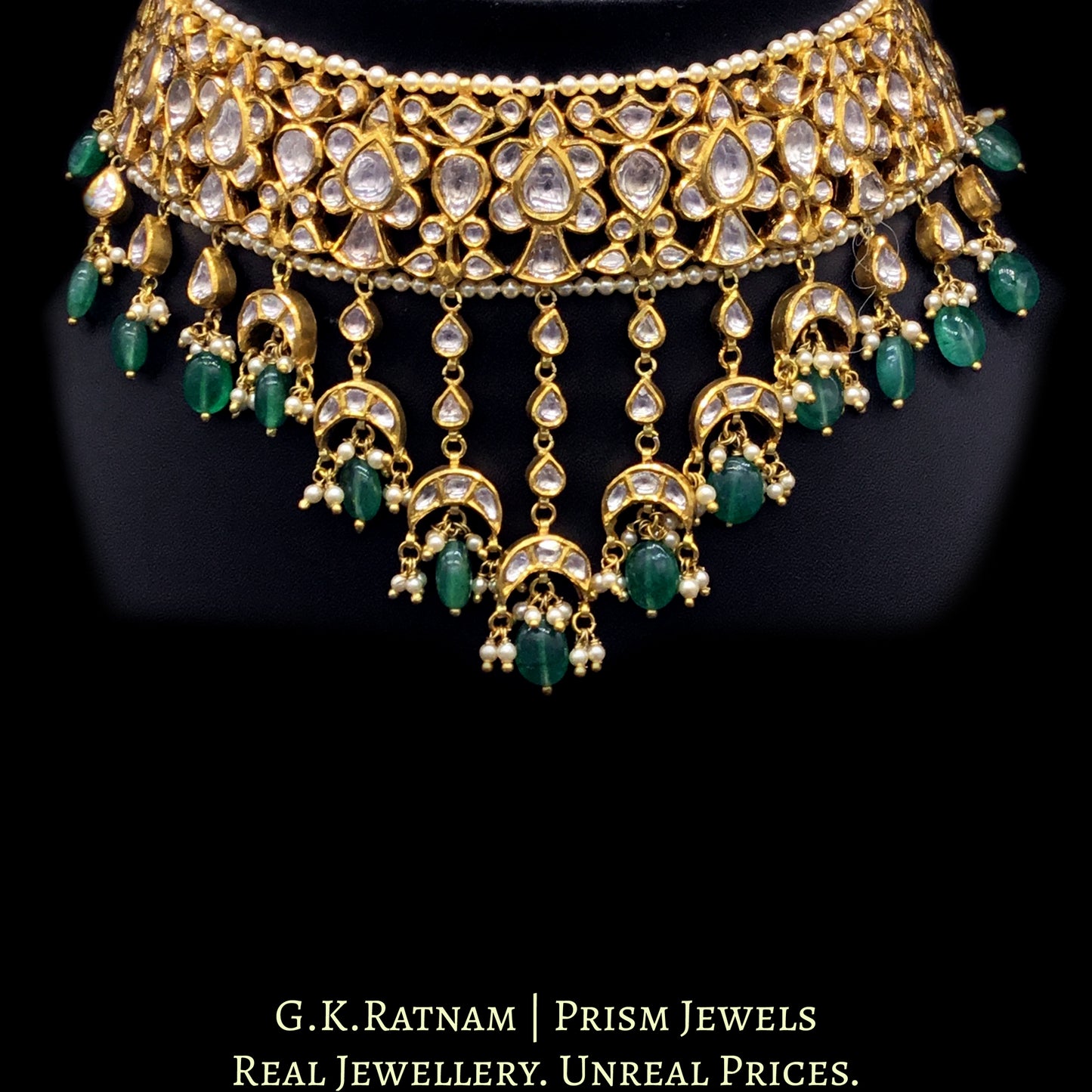 18k Gold and Diamond Polki Choker Necklace Set with cascading uncut pears and lustrous green beryls