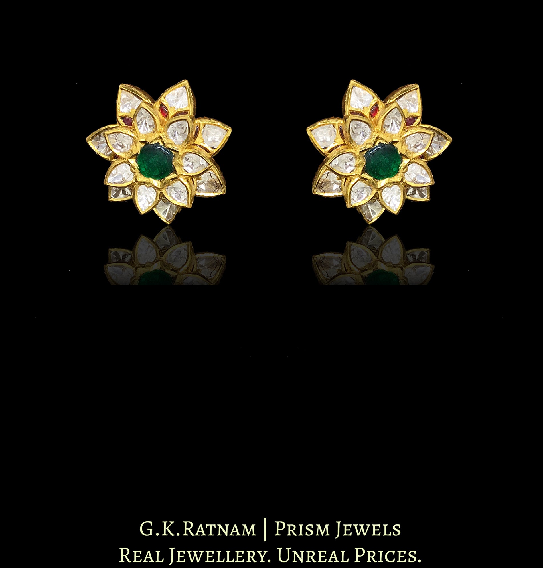 22k Gold and Diamond Polki star-shaped Karanphool Earring Pair with 3-D setting