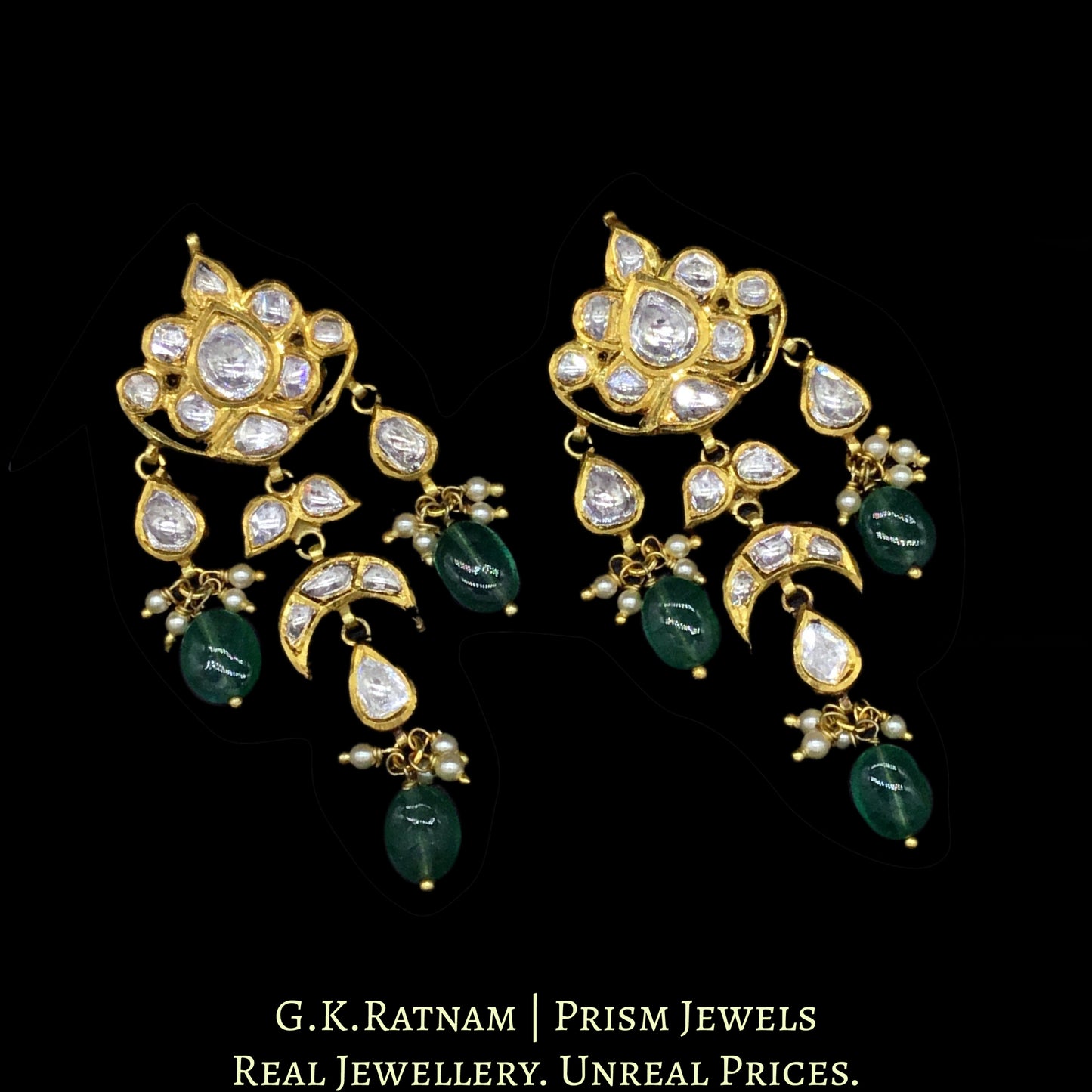 18k Gold and Diamond Polki Choker Necklace Set with cascading uncut pears and lustrous green beryls