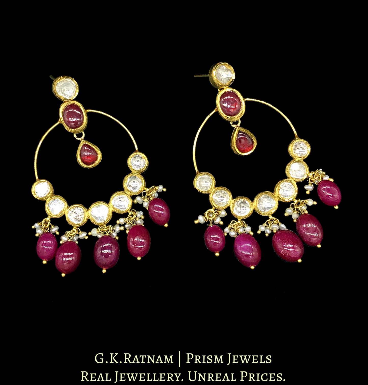 18k Gold and Diamond Polki hoop-style Chand Bali Earring pair with rubies - G. K. Ratnam