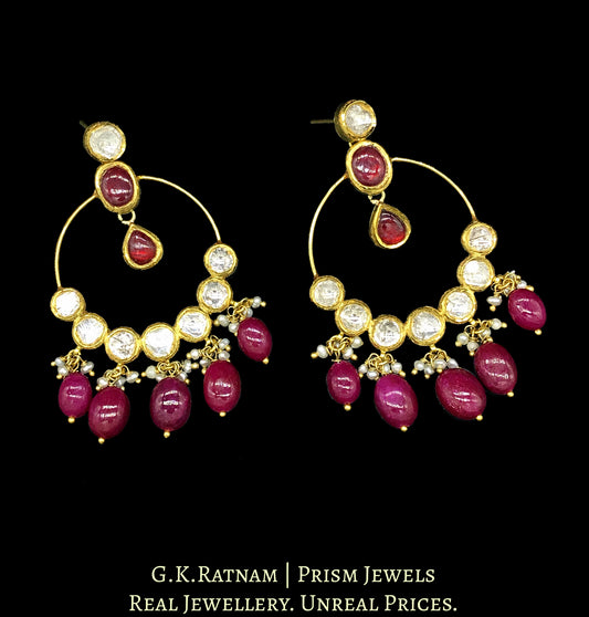 18k Gold and Diamond Polki hoop-style Chand Bali Earring pair with rubies - G. K. Ratnam