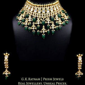 18k Gold and Diamond Polki Choker Necklace Set with cascading uncut drops and emerald-grade green beryls