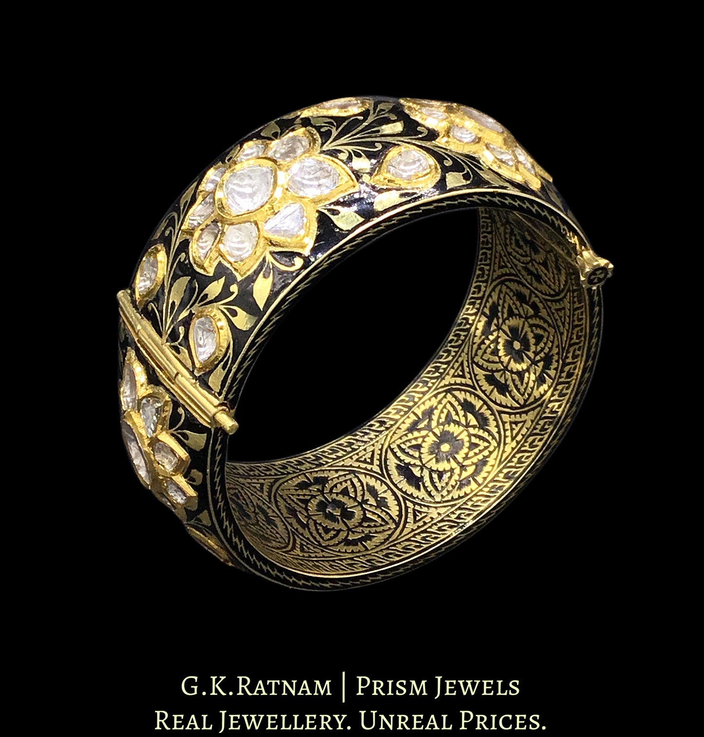 22k Gold and Diamond Polki Bangle with Black Enamel