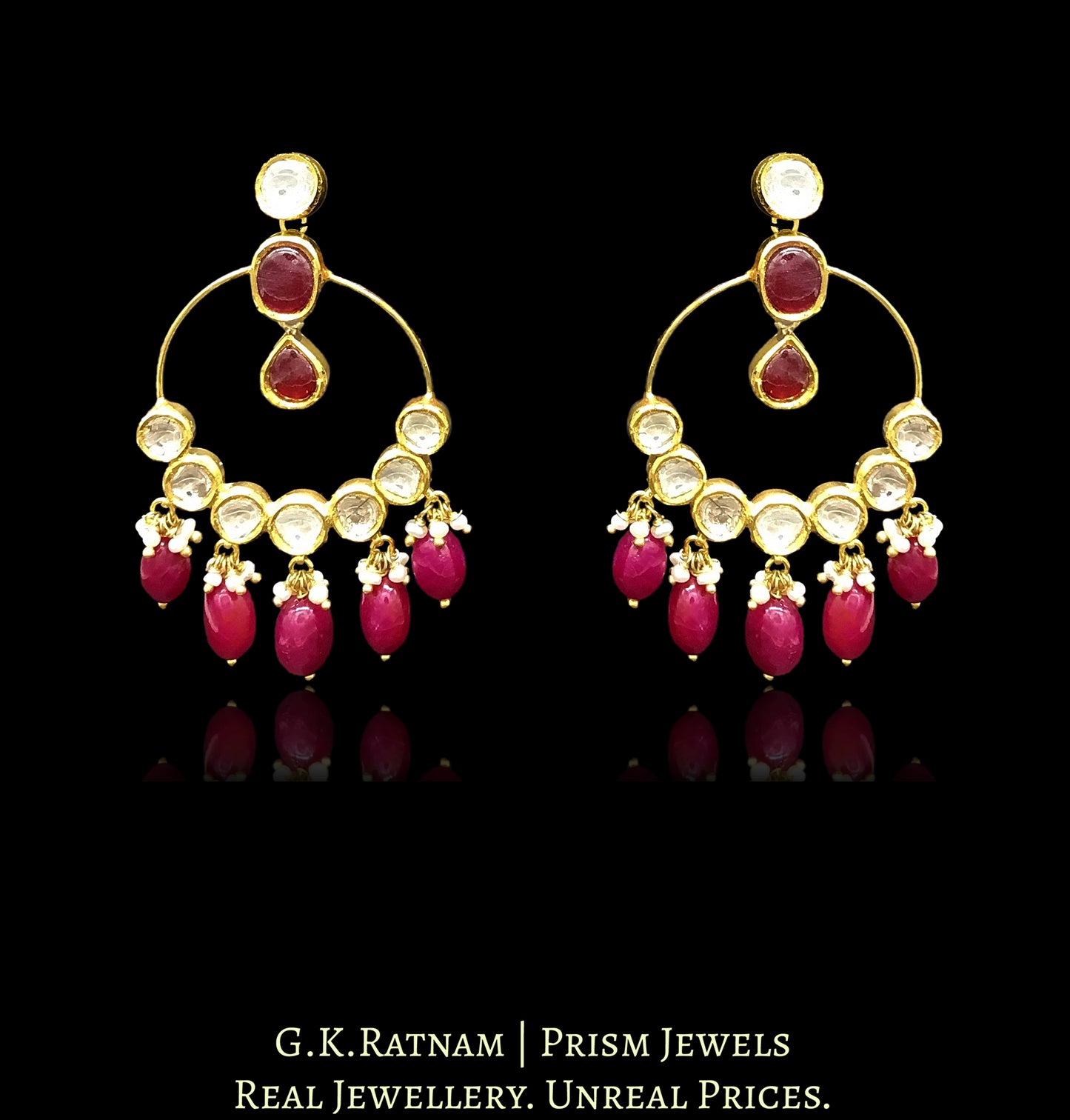 18k Gold and Diamond Polki hoop-style Chand Bali Earring pair with rubies - G. K. Ratnam