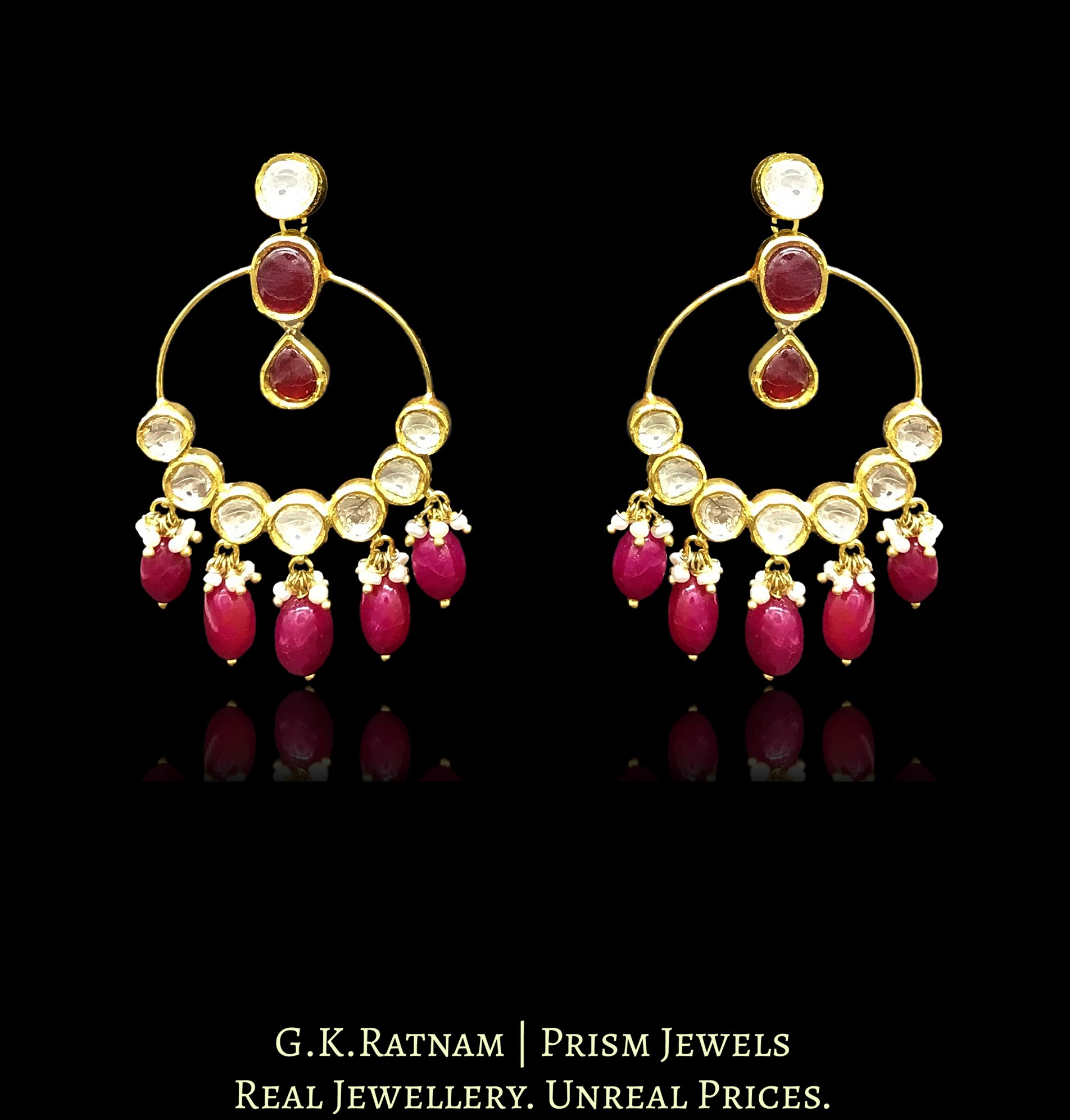 18k Gold and Diamond Polki hoop-style Chand Bali Earring pair with rubies - G. K. Ratnam