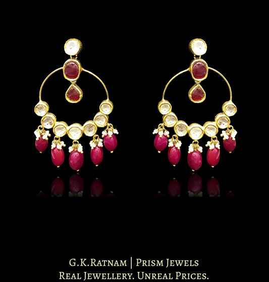 18k Gold and Diamond Polki hoop-style Chand Bali Earring pair with rubies - G. K. Ratnam