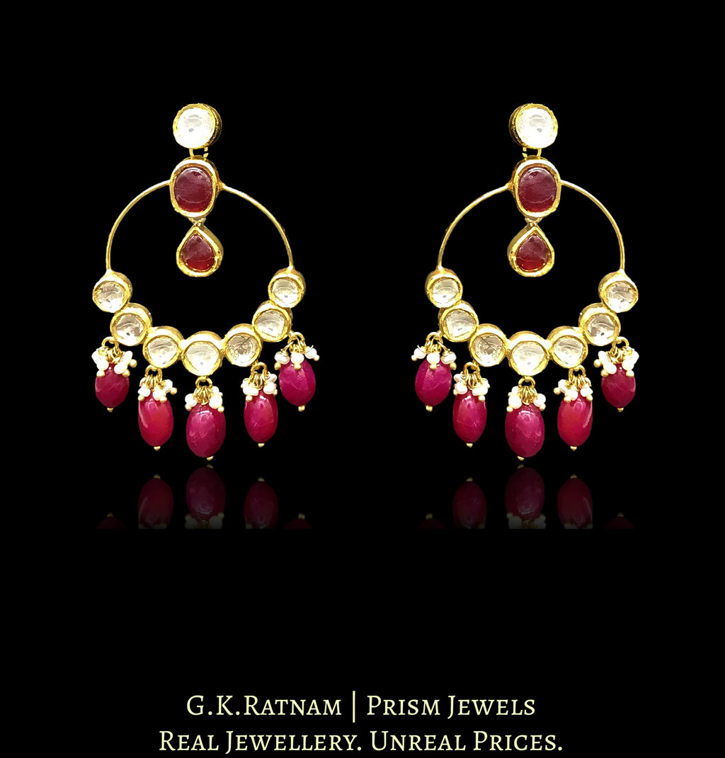 18k Gold and Diamond Polki hoop-style Chand Bali Earring pair with rubies