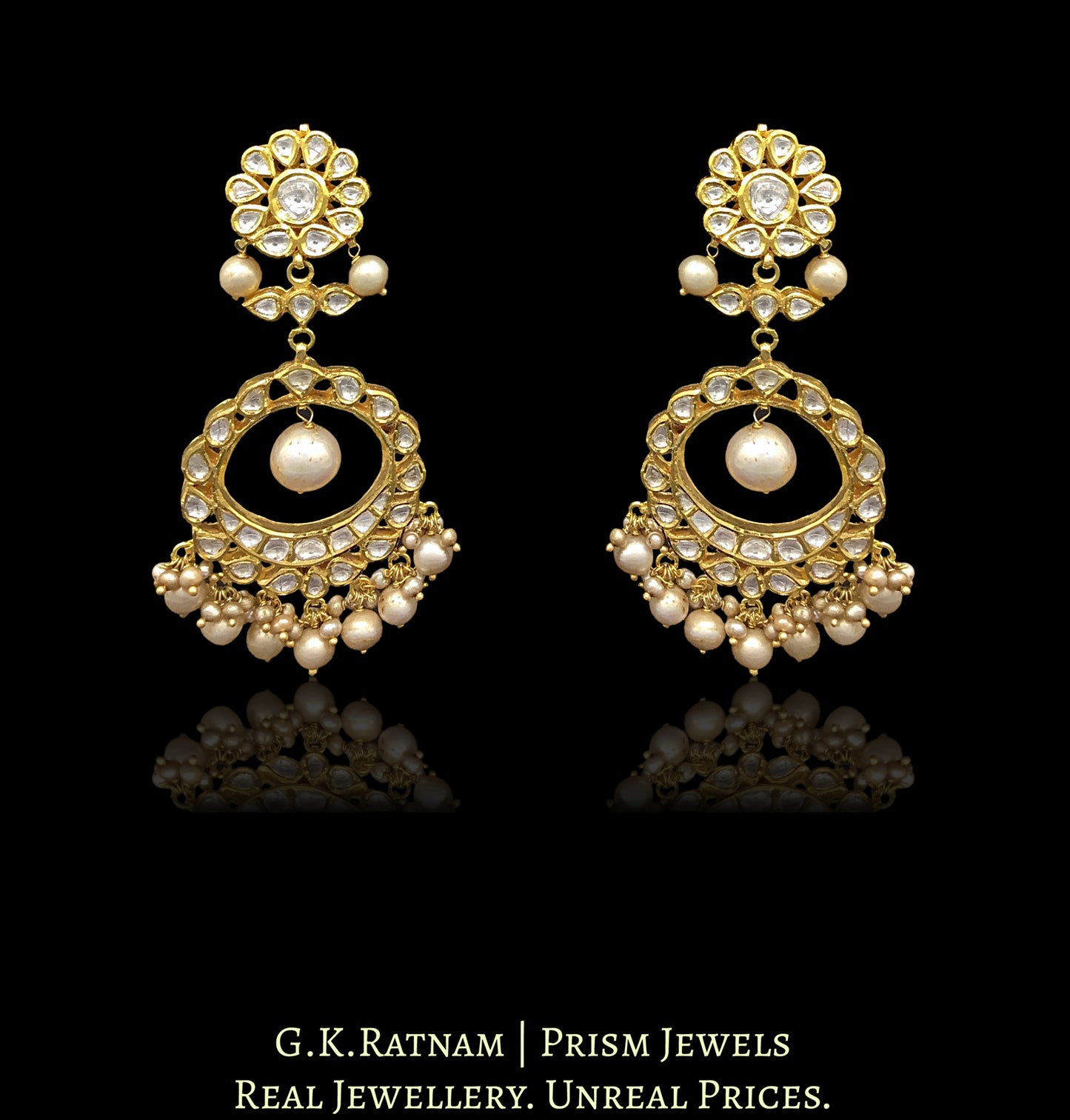 Traditional Gold and Diamond Polki Chand Bali Earring Pair with Antique Pearls